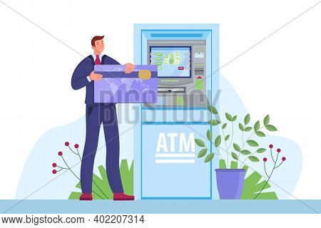 Atm Vector Money Machine, Bank Cash Terminal Finance Illustration With Service Man, Client, Credit C