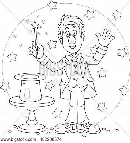 Artful Circus Magician Illusionist Conjuring Tricks And Waving A Magic Wand Above His Mysterious Hat