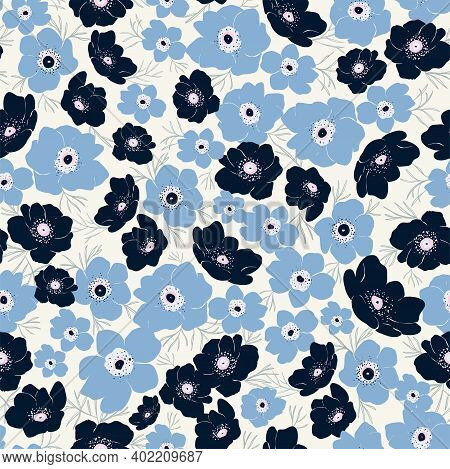 Vector Abstract Hand-drawn Anemone Flower Motif Seamless Repeat Pattern