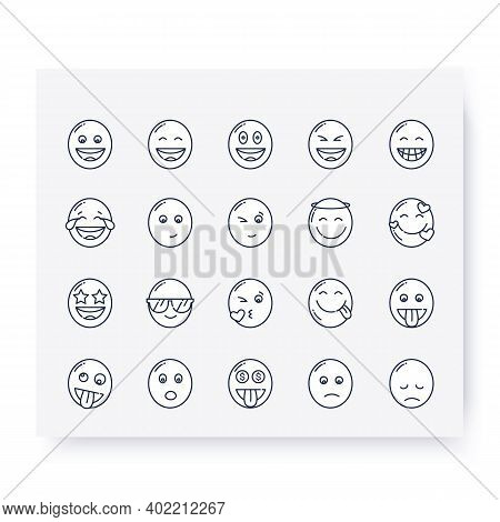 Cute Emoji Collection Line Icons Set. Grinning, Beaming, Starry Eyed Face And More. . Outline Drawn 