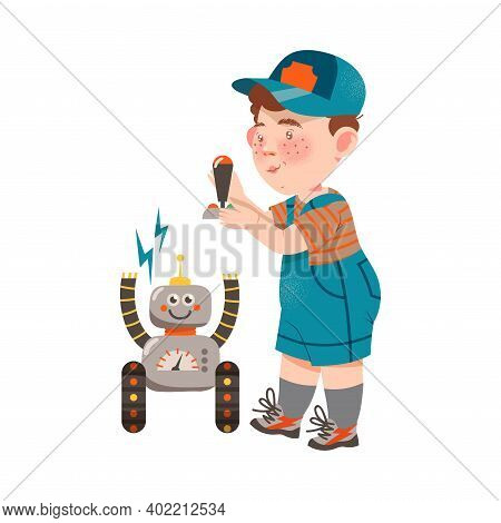 Pleased Boy In Baseball Cap And Shortalls Controlling Robot With Console Panel Vector Illustration