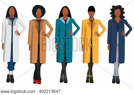 Images Of Five Black Women In Different Autumn Clothes With Different Hairstyles. Designer Clothing.