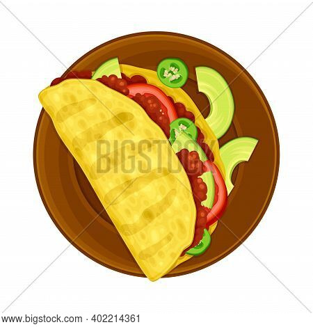 Taco Of Corn Tortilla With Forced Meat Filling On Plate As Mexican Dish Vector Illustration