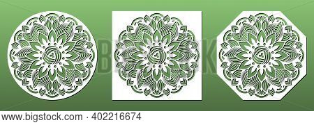 Laser Cut Coasters Ornate With Mandala Floral Pattern. Set Of Cnc Cutting Stencils For Home Decor, W
