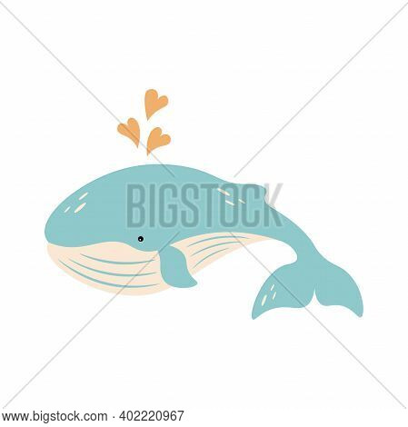 Vector Cartoon Illustration Of A Cute Blue Whale With Hearts. Valentine Theme. Baby Valentine. Baby 