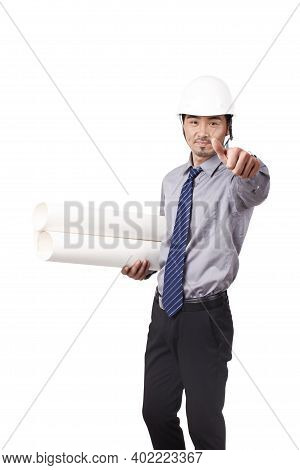 Construction Management Holding Blueprints And Using Phono High Quality Photo