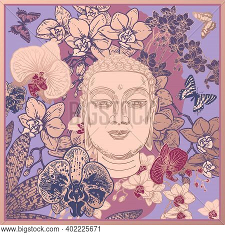 Floral Pattern. Buddha's Head, Exotic Tropical Flowers Orchids And Butterflies. Vector Illustration.