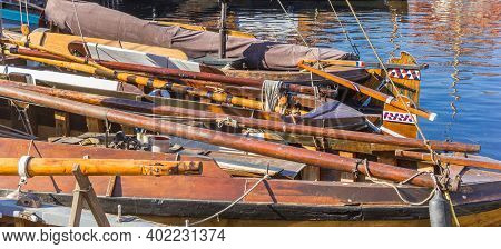 Panorama Of Wooden Masts On Historic Ships In Spakenburg, Netherlands