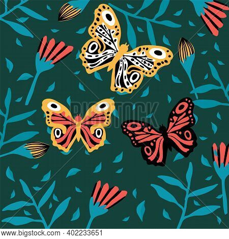 Lots Of Butterflies In The Tropics. Colorful Insects Fly Near The Flowers. Doodle Picture Of Soaring