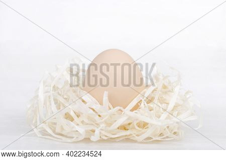 Raw Organic Brown Egg In Nest Made Of Staw Shreded Paper.