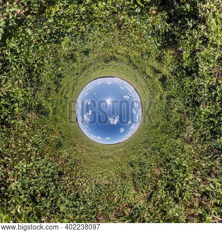 Blue Little Planet. Inversion Of Tiny Planet Transformation Of Spherical Panorama 360 Degrees. Spher
