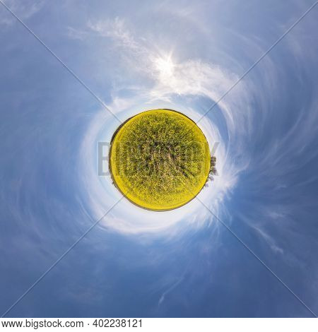 Yellow Little Planet Transformation Of Spherical Panorama 360 Degrees. Spherical Abstract Aerial Vie