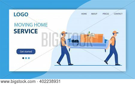 Moving Service And Delivery Company. Delivery Character Man Movers Carry Sofa With Big Carton Cardbo