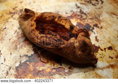 Twisted Pastry Stuffed With Cabbage On The Table. Russian Open Pirozhki, Baked Patties Stuffed With 