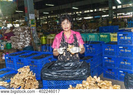 Bangkok, Thailand - May 12, 2009: Woman Sells Ginseng Roots At The Nightly Flower Market Pak Klong T