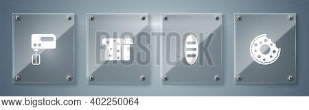 Set Donut, Bread Loaf, Toast And Electric Mixer. Square Glass Panels. Vector