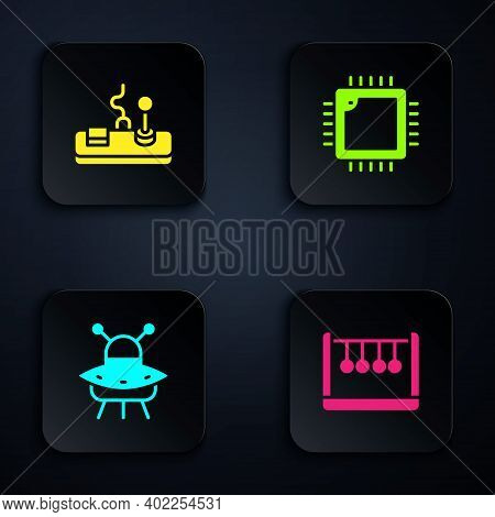 Set Pendulum, Gamepad, Ufo Flying Spaceship And Processor With Cpu. Black Square Button. Vector
