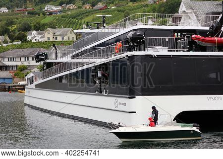 Ullensvang, Norway - July 30, 2020: Vision Of The Fjords Hybrid Electric Sightseeing Boat In Hardang