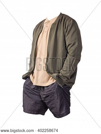 Men's Dark Green Knitten Bomber Jacket,beige Shirt And Black Sports Shorts Isolated On White Backgro