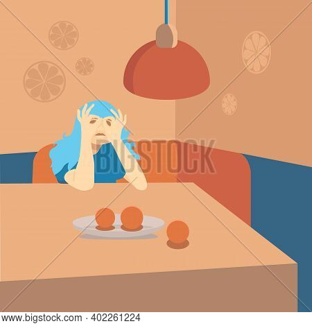 Teenage Girl With Long Hair Sitting At The Table And Making Two Monocle Gestures Looking Through Her