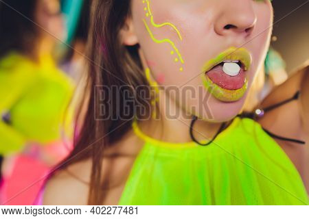 Beautiful Girl With Lsd On Tongue In Nightclub With Pink Smoke.