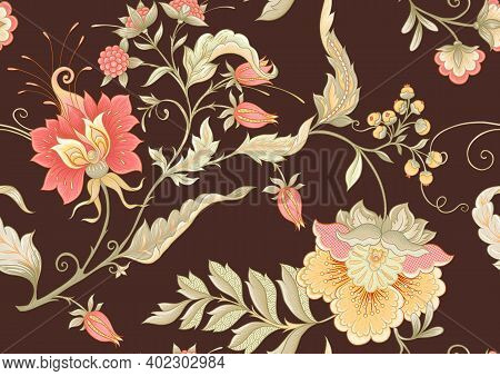 Seamless Pattern With Stylized Ornamental Flowers In Retro, Vintage Style. Jacobin Embroidery. Color
