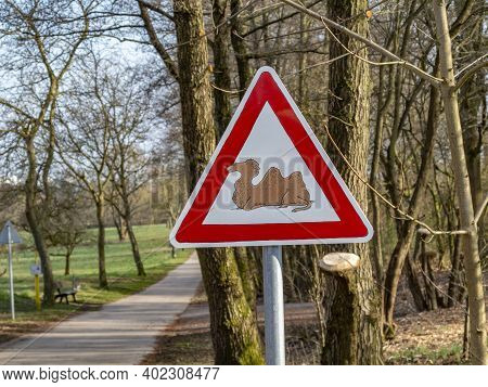 Schwalbach, Germany - March 22, 2015: Camel Crossing Sign With Funny Camel At The Pedestrian Walking