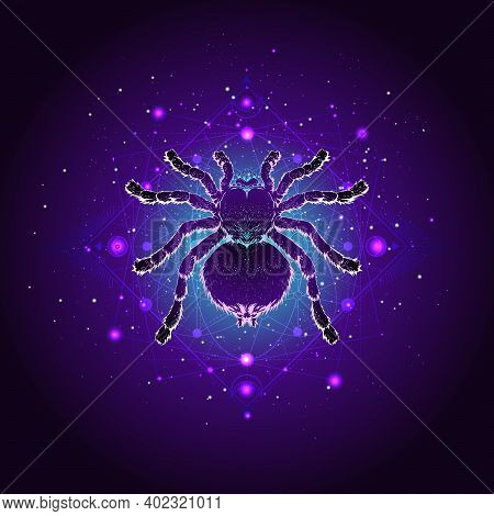 Vector Illustration With Hand Drawn Spider Tarantula And Sacred Geometric Symbol Against The Starry 