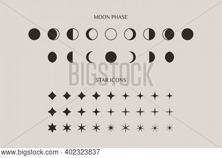 Set Of Moon Phase And Stars Sparkles Sign In A Trendy Minimal Style. Vector Icons