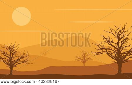Beautiful Desert Landscape With Trees And Mountains Around It. Vector Illustration