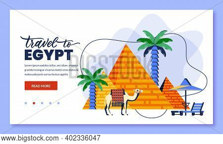 Travel To Egypt And Cairo, Vector Illustration. Flat Cartoo Icons Of Egyptian Pyramid, Camel And Pal