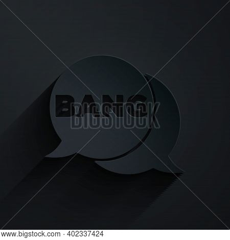 Paper Cut Bang Boom, Gun Comic Text Speech Bubble Balloon Icon Isolated On Black Background. Paper A