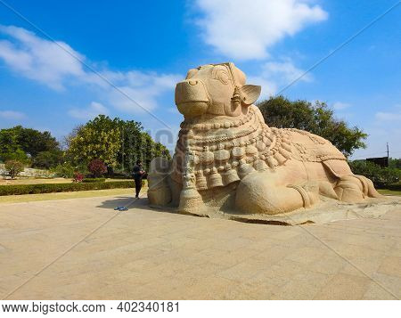 Closeup Of Beautiful Huge Or Big Lord Shiva Vehicle Nandi, Basava In A Blue Sky Background
