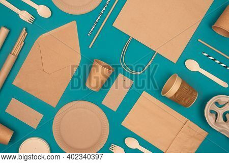 Flat Lay With Eco-friendly Tableware - Kraft Paper Food Packaging On Green Background. Street Food P