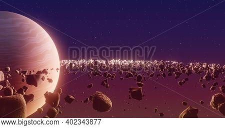 Planet Saturn Or Jupiter Close-up With Rocks Ring. 3d Illustration