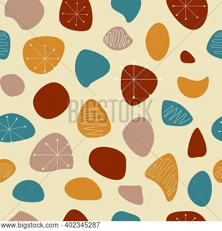 Mid Century Atomic Age Style Abstract Shapes Design. Seamless Pattern For Background, Textiles, Home