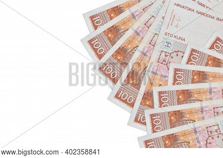 100 Croatian Kuna Bills Lies Isolated On White Background With Copy Space. Rich Life Conceptual Back