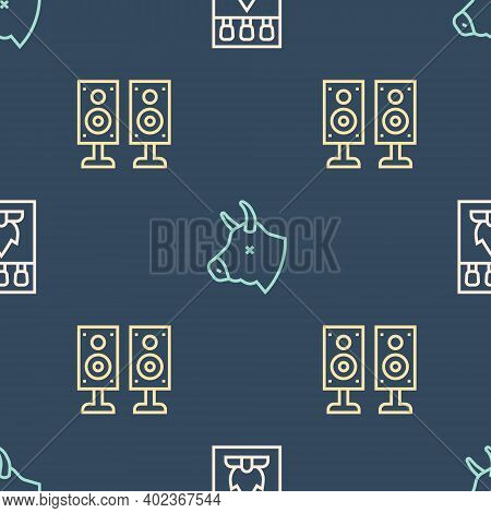 Set Line Matchbox And Matches, Stereo Speaker And Cow Head On Seamless Pattern. Vector