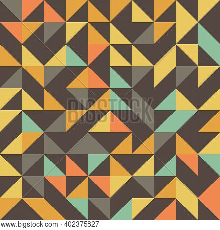 Vector Truchet Geometric Triangle Seamless Pattern Background. Retro Color Backdrop With Random Tile