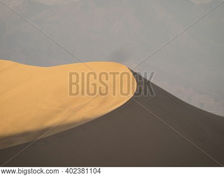 Panoramic Postcard View Of Dry Sand Dunes Texture Pattern Coastal Desert Oasis Of Huacachina Ica Per