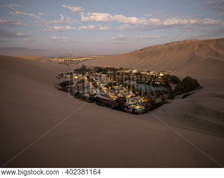 Panoramic Postcard View Of Huacachina Oasis Town Village Desert Dry Sand Dunes Texture Pattern Ica P