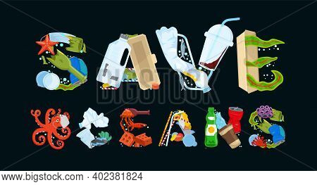 Save The Ocean. Different Waste Polluting The Sea And Beach. Horizontal Poster. Polluted Waters. Thr