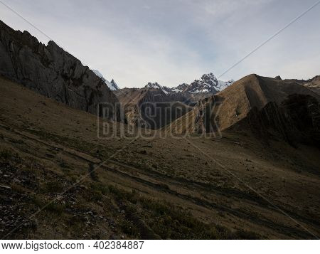 Panorama View Of Cordillera Huayhuash Circuit Valley Andes Alpine Mountain Ancash Huanuco Peru South