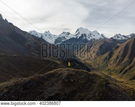 Aerial Panorama Of Cordillera Huayhuash Circuit Mountain Andes Route From Jahuacocha Lake To Pocpa V