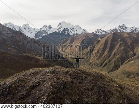 Aerial Panorama Of Cordillera Huayhuash Circuit Mountain Andes Route From Jahuacocha Lake To Pocpa V