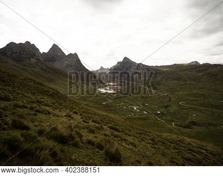 Panorama View Of Cordillera Huayhuash Circuit Andes Alpine Mountain Lake Laguna Pucacocha Ancash Per