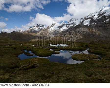 Panorama View Of Cordillera Huayhuash Circuit Andes Alpine Mountain Lake Laguna Reflection Ancash Pe
