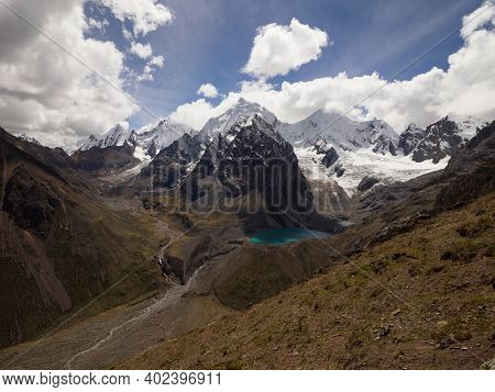 Panorama View Of Cordillera Huayhuash Circuit Andes Mountain San Antonio Pass Laguna Jurau Lake Huan