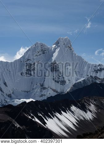 Snowcapped Ice Glacier Summit Peak Panorama On Cordillera Huayhuash Circuit Andes Alpine Mountain An