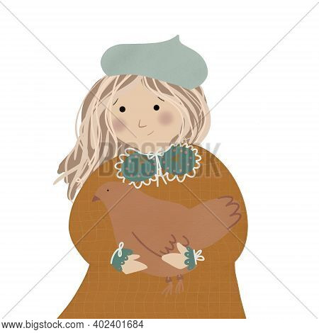 Girl In Turquoise Biret And Mustard Dress With Chicken In Her Hands
